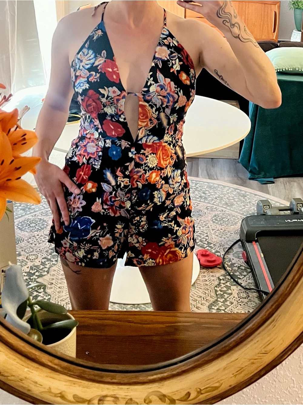 Floral Halter Romper in Black with Multicolor Blooms
